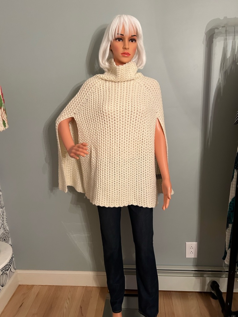 Anthropologie Cream Turtleneck Knit Poncho Sweater/Cape